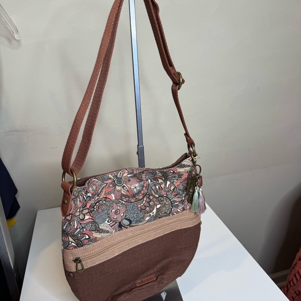 Sakroots Floral Crossbody Bag | Boho Print Canvas Purse Tassel Charm